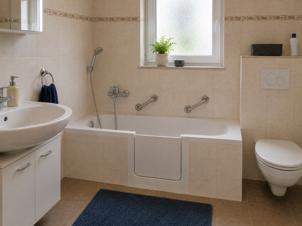 Badewanne mit nachgerüsteter Tür für einen leichteren Einstieg