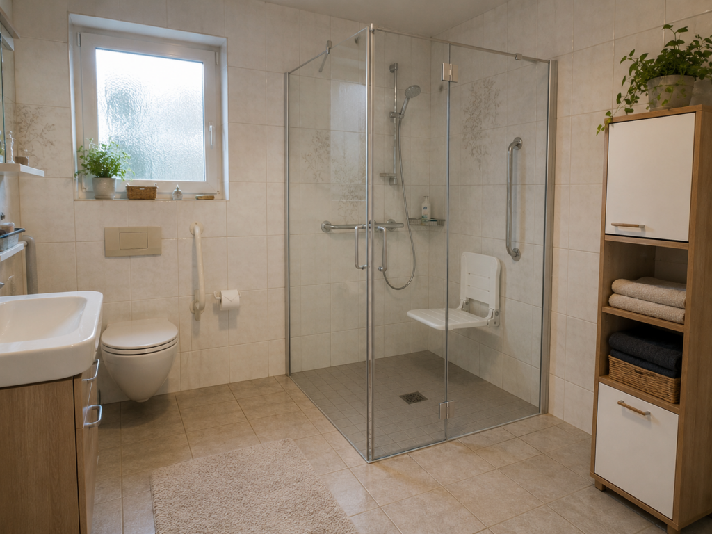 Barrierefreies Bad mit bodengleicher Dusche und sicheren Bewegungsflächen