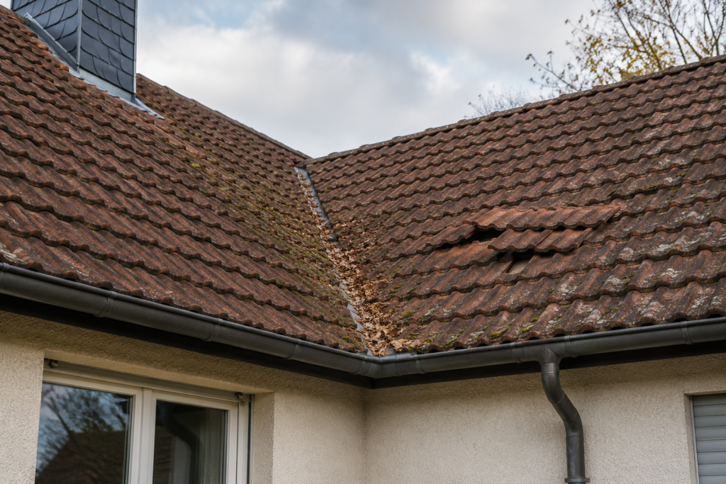 Dachfläche mit Ziegeln und Anschlüssen zur Reparaturprüfung