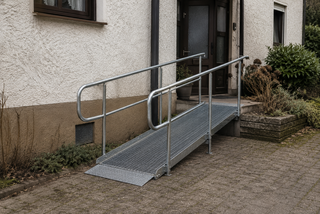 Rollstuhlrampe am Hauseingang mit sicherer Steigung und Podest