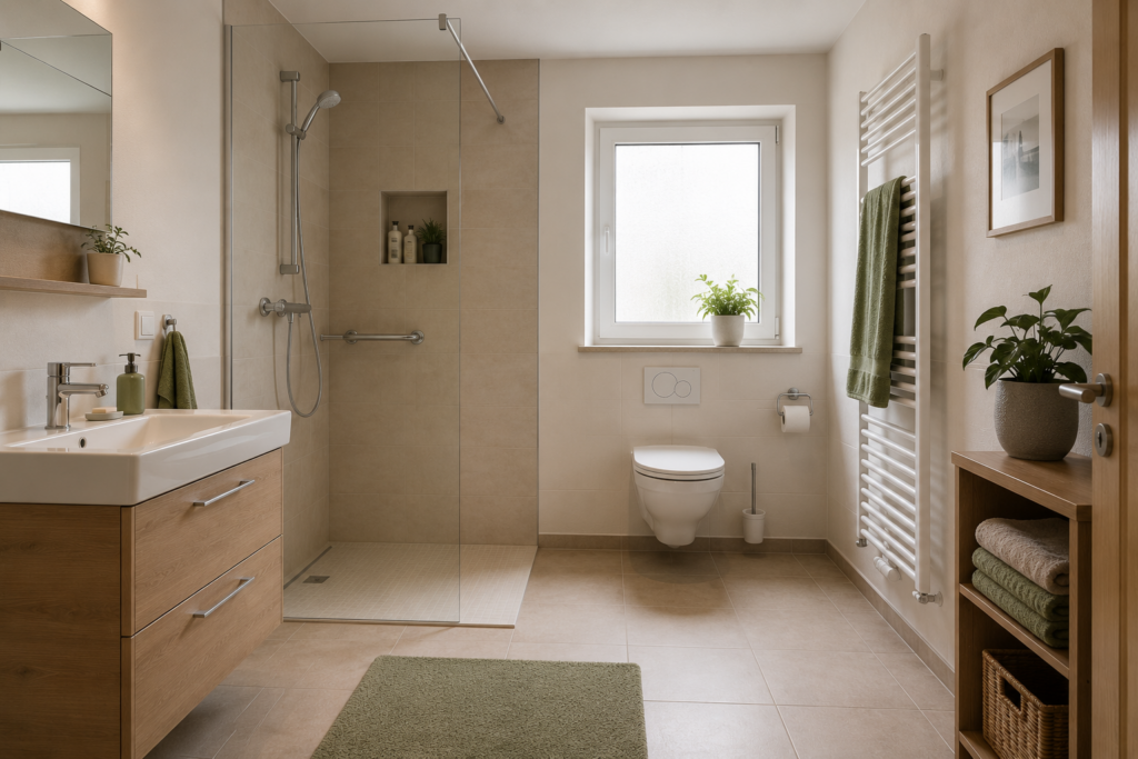 Modernisiertes Badezimmer mit Dusche, Waschtisch und hellen Oberflächen